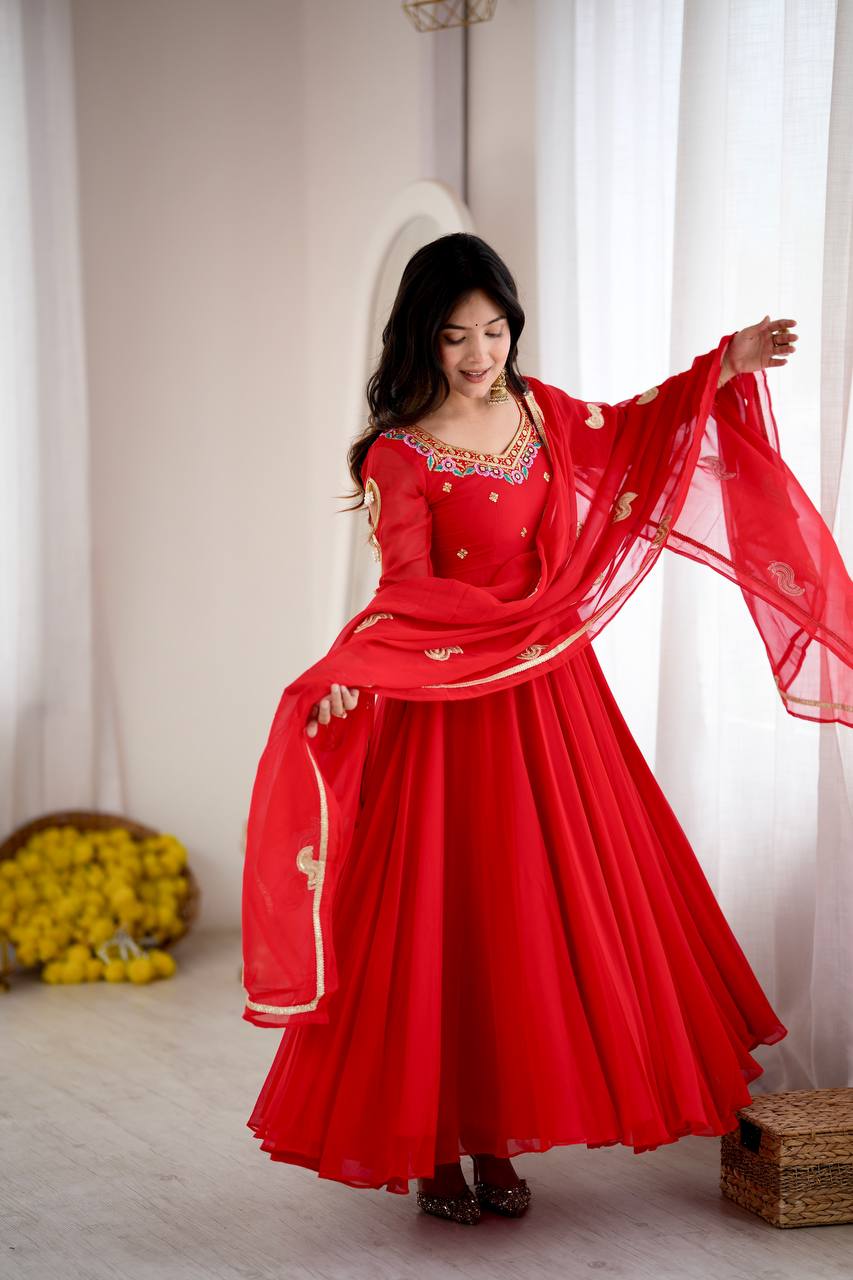 Vaanya Faux Georgette Sequins Embroidered Flared Anarkali with Pant & Dupatta