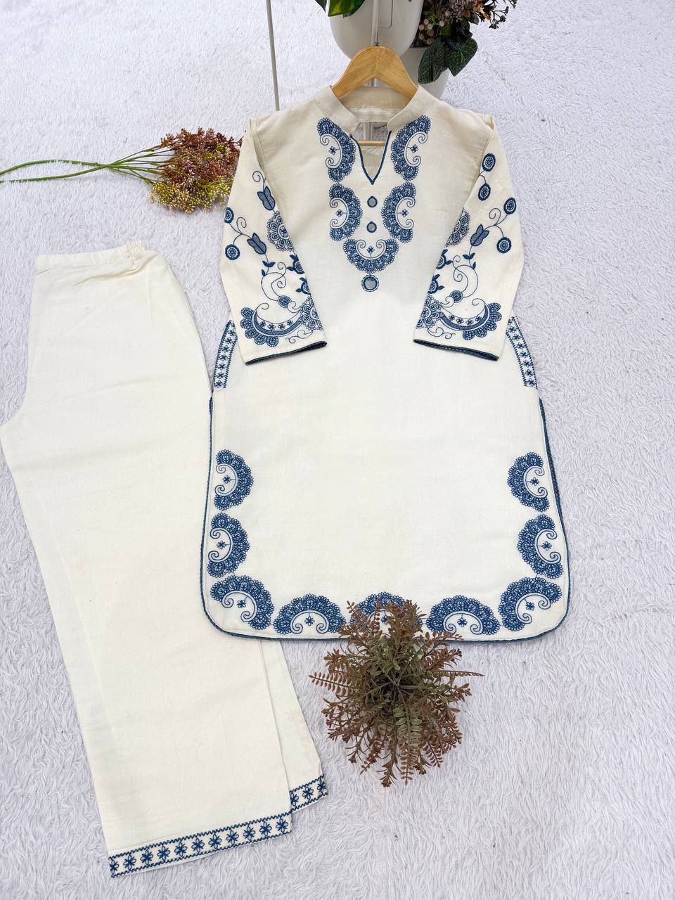 Raahi Cora Cotton Co-Ord Set with Mirror Embroidery and Embellished Pant Border