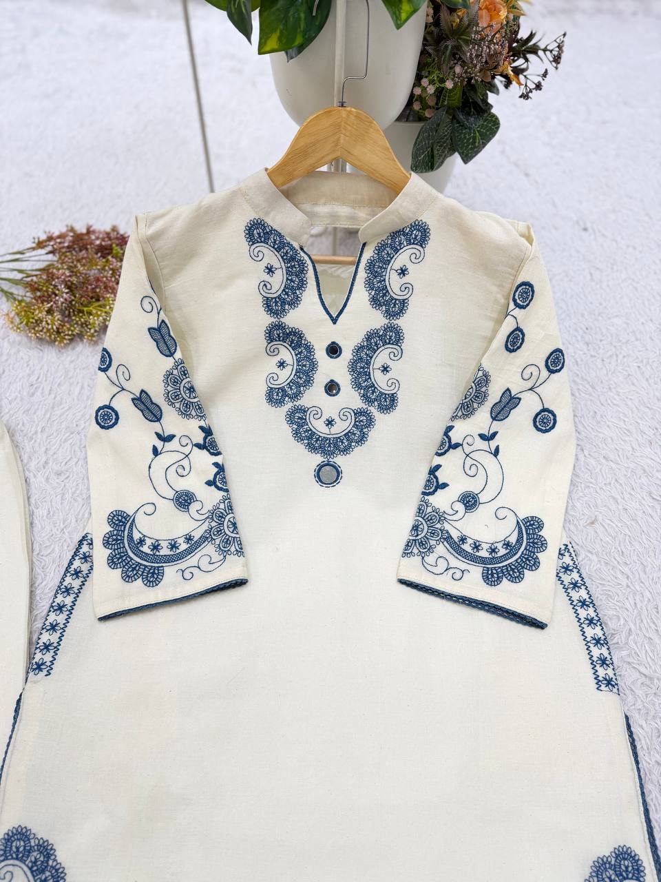 Raahi Cora Cotton Co-Ord Set with Mirror Embroidery and Embellished Pant Border