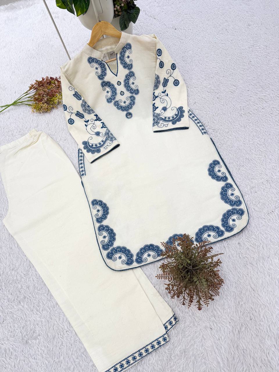 Raahi Cora Cotton Co-Ord Set with Mirror Embroidery and Embellished Pant Border