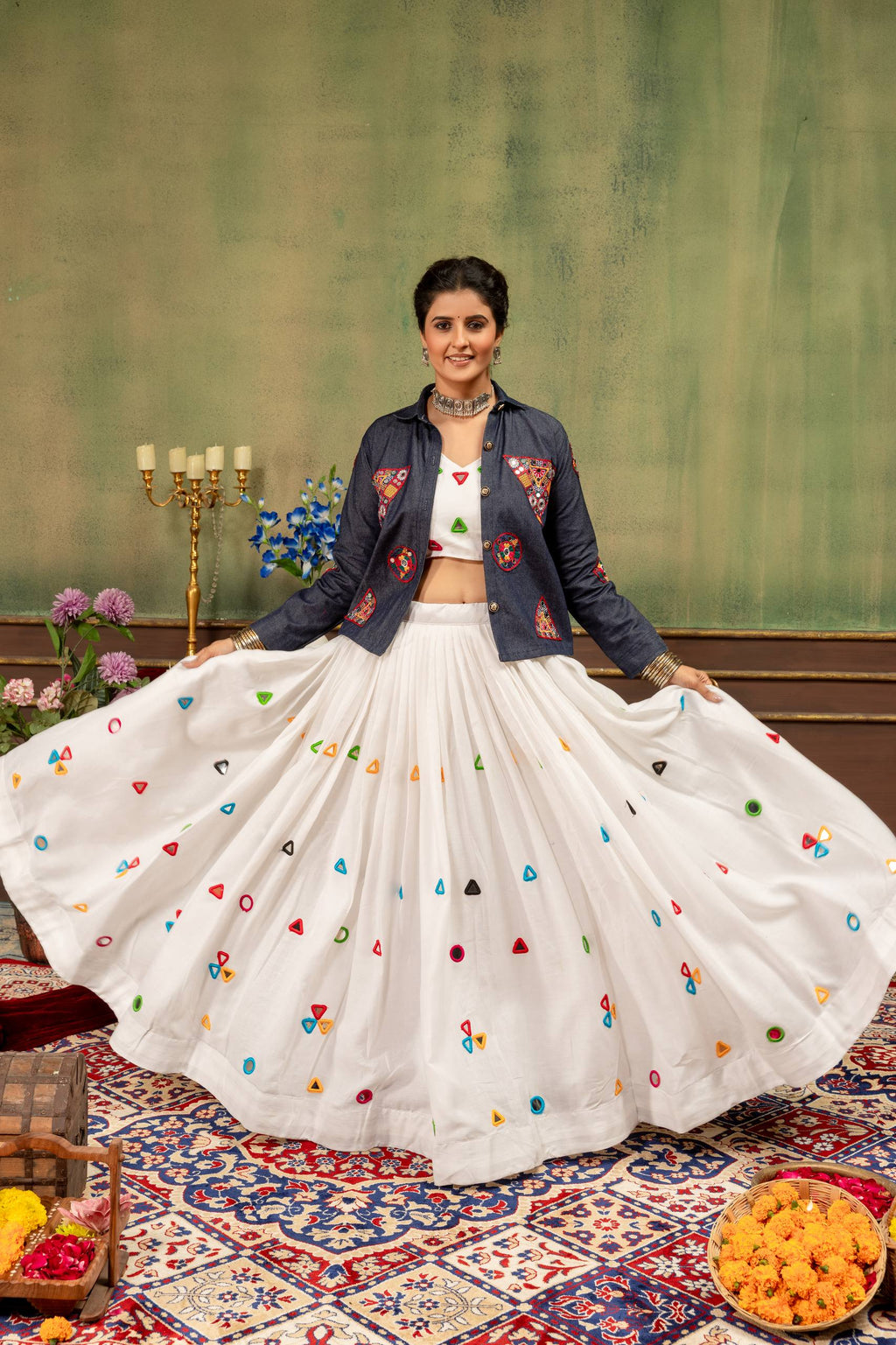 Rang Mewar Designer Mirror Hand-Work Rayon Cotton Lehenga Choli with Gamthi Mirror Denim Jacket