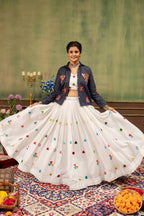 Rang Mewar Designer Mirror Hand-Work Rayon Cotton Lehenga Choli with Gamthi Mirror Denim Jacket
