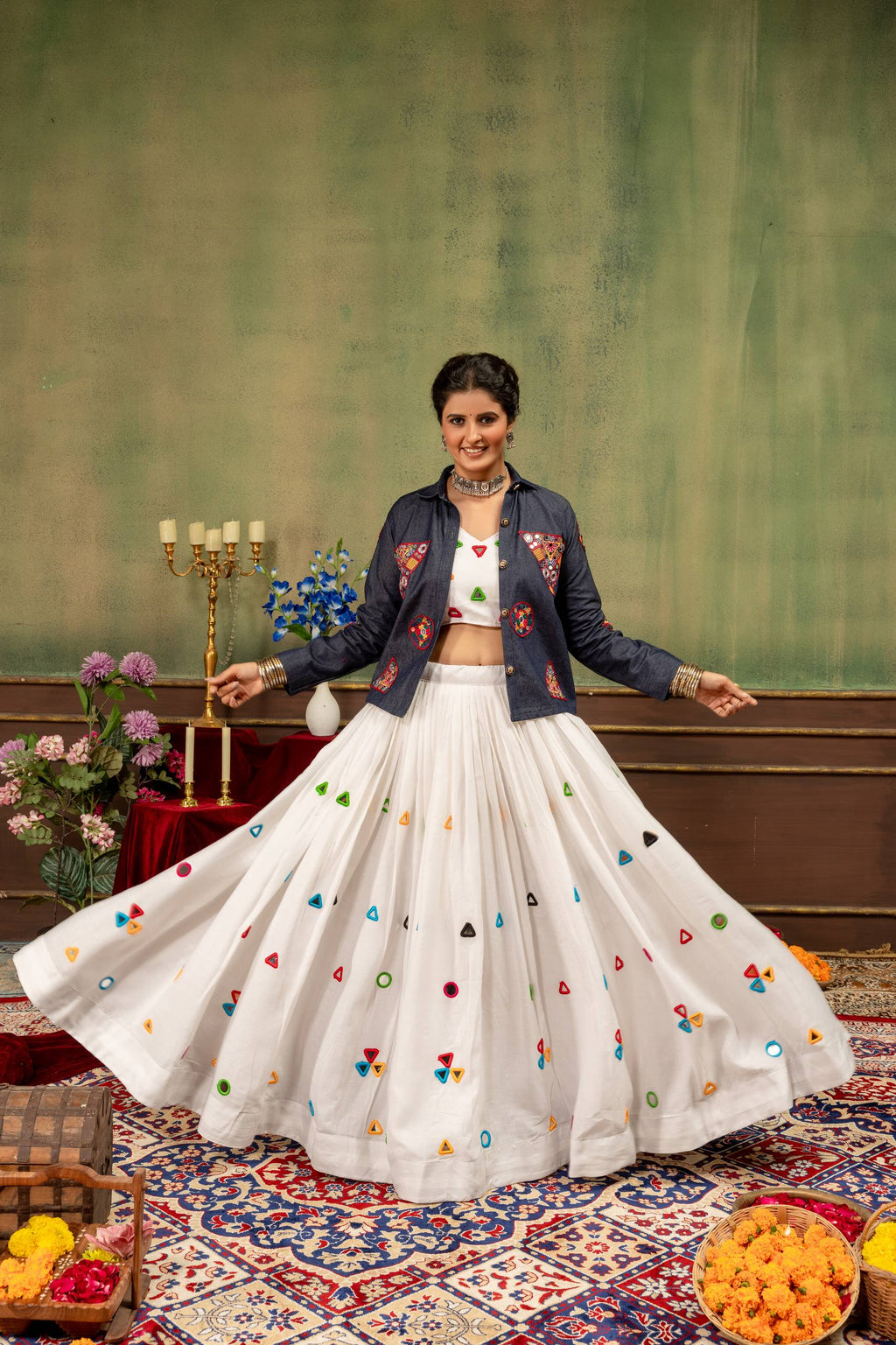Rang Mewar Designer Mirror Hand-Work Rayon Cotton Lehenga Choli with Gamthi Mirror Denim Jacket