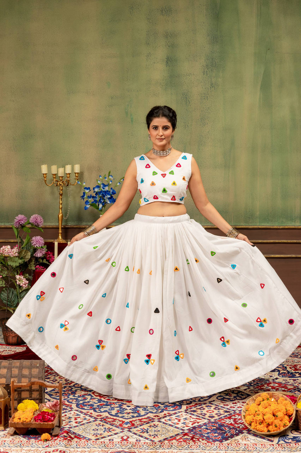 Rang Mewar Designer Mirror Hand-Work Rayon Cotton Lehenga Choli with Gamthi Mirror Denim Jacket