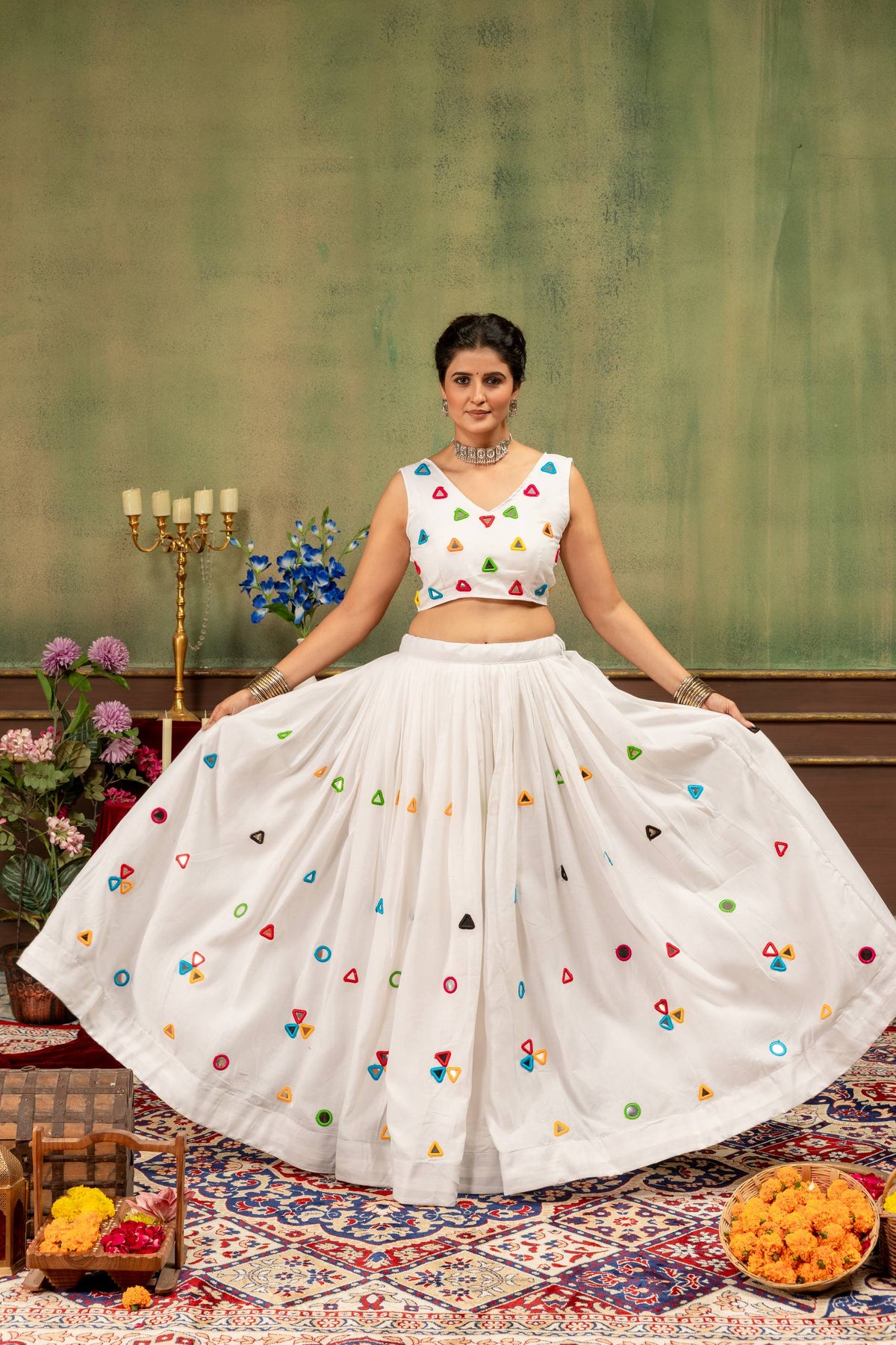 Rang Mewar Designer Mirror Hand-Work Rayon Cotton Lehenga Choli with Gamthi Mirror Denim Jacket