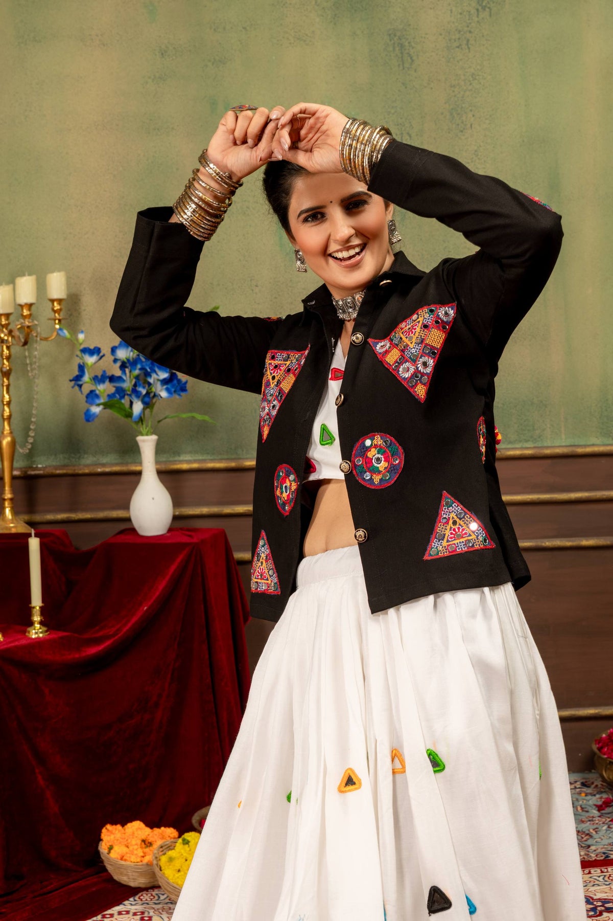 Rang Mewar Designer Mirror Hand-Work Rayon Cotton Lehenga Choli with Gamthi Mirror Denim Jacket