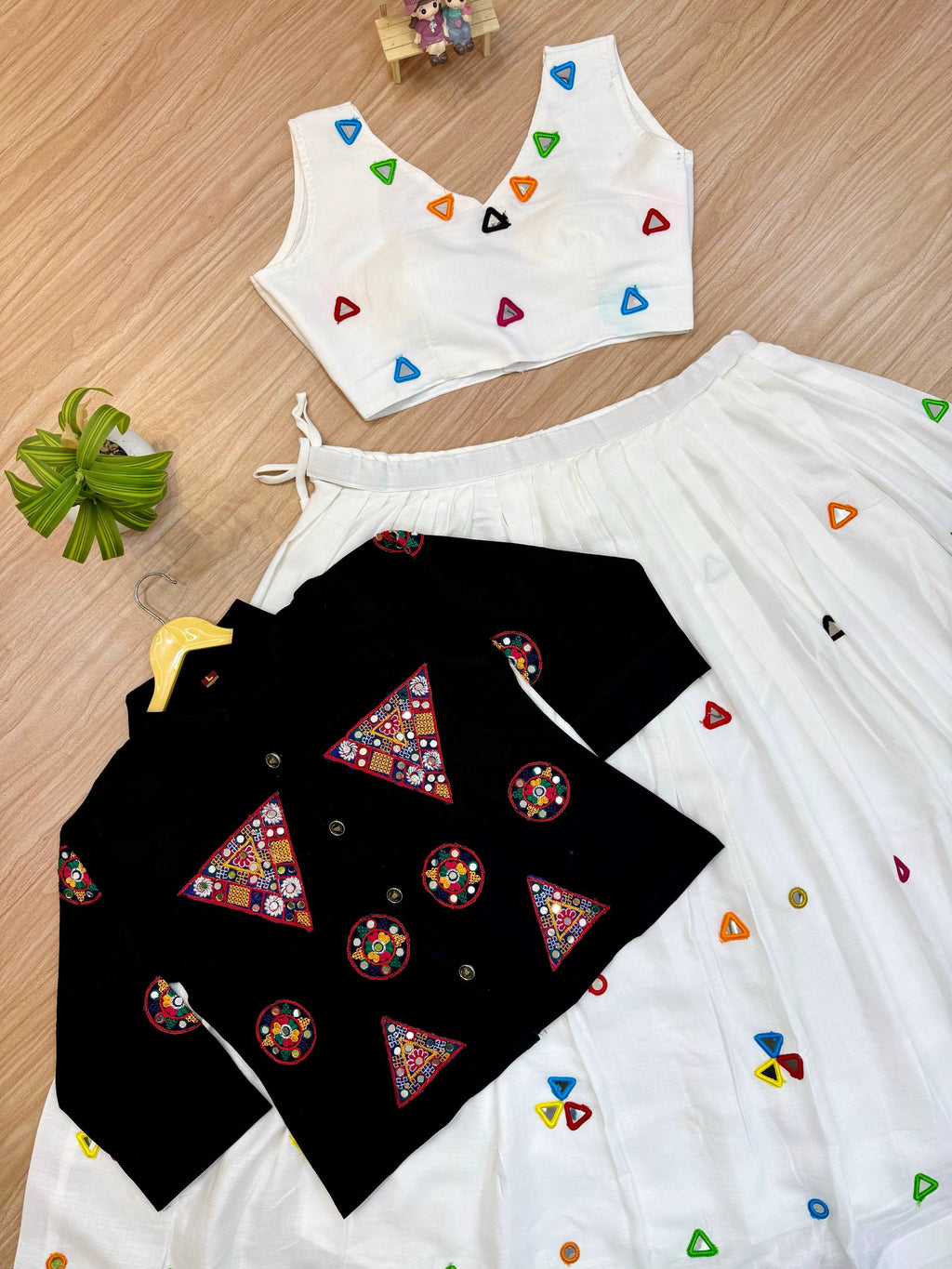 Rang Mewar Designer Mirror Hand-Work Rayon Cotton Lehenga Choli with Gamthi Mirror Denim Jacket