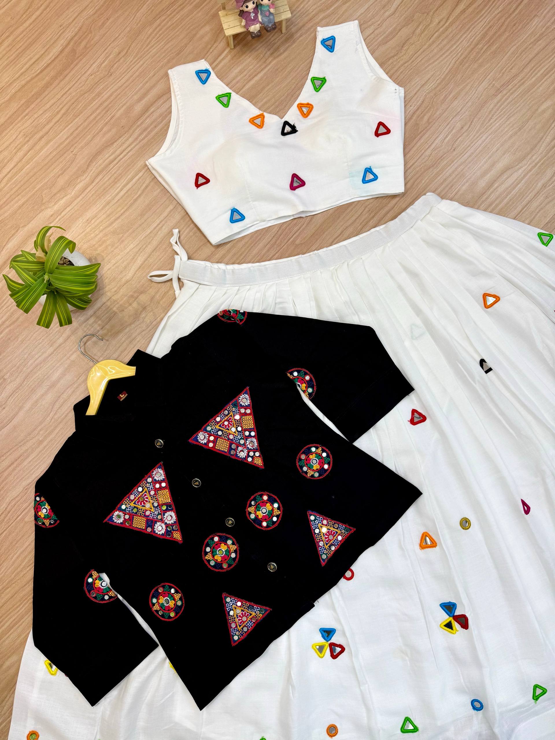 Rang Mewar Designer Mirror Hand-Work Rayon Cotton Lehenga Choli with Gamthi Mirror Denim Jacket