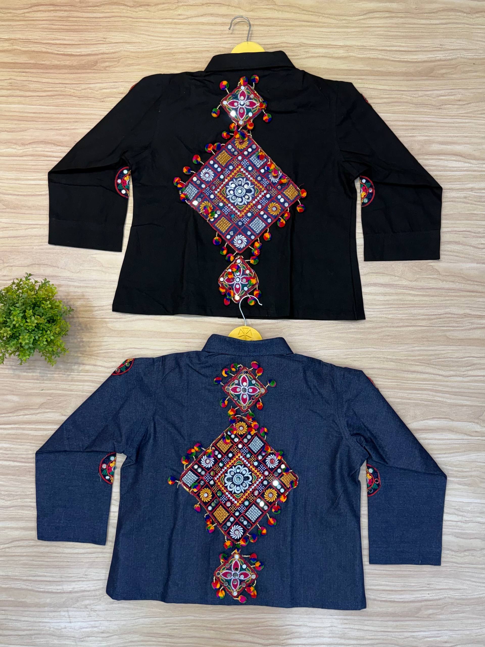 Rang Mewar Designer Mirror Hand-Work Rayon Cotton Lehenga Choli with Gamthi Mirror Denim Jacket