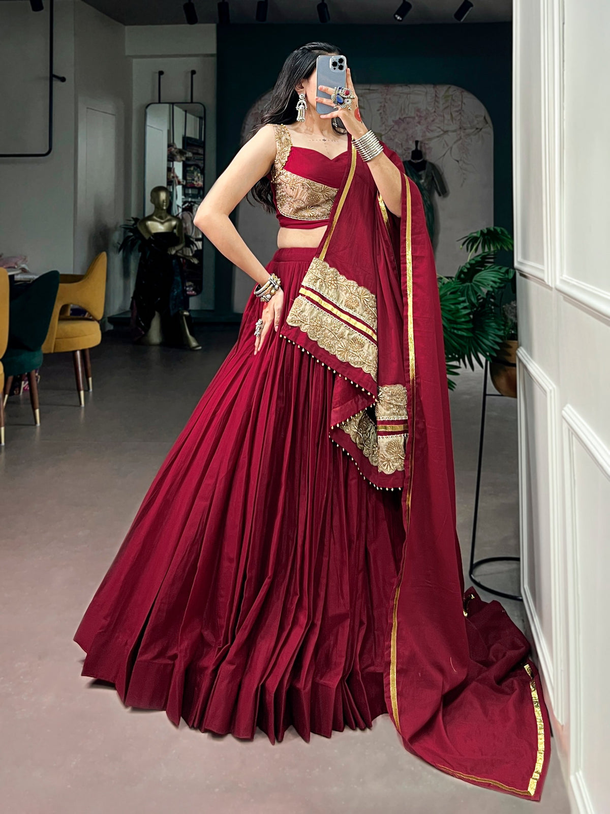 Maroon Mal Cotton Navratri Lehenga Choli With Sequin Thread Embroidery, Ghughari Lace & 8 Meter Flair