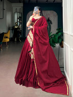 Maroon Mal Cotton Navratri Lehenga Choli With Sequin Thread Embroidery, Ghughari Lace & 8 Meter Flair