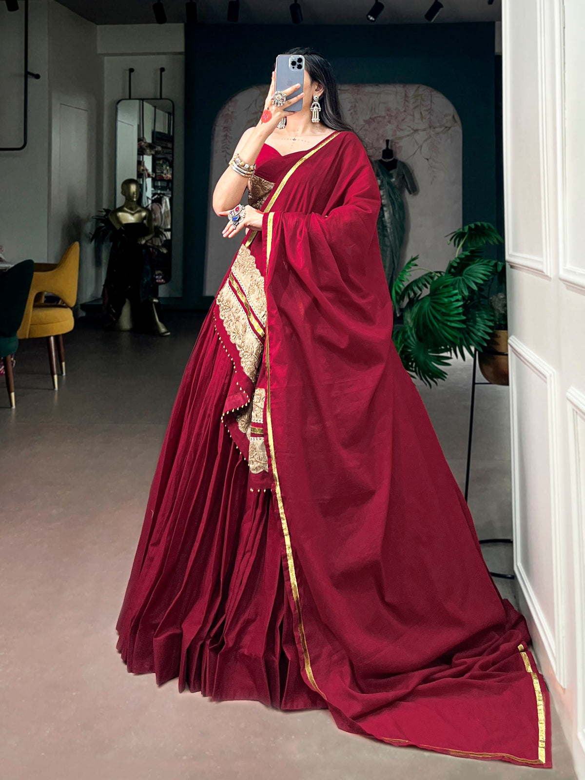 Maroon Mal Cotton Navratri Lehenga Choli With Sequin Thread Embroidery, Ghughari Lace & 8 Meter Flair