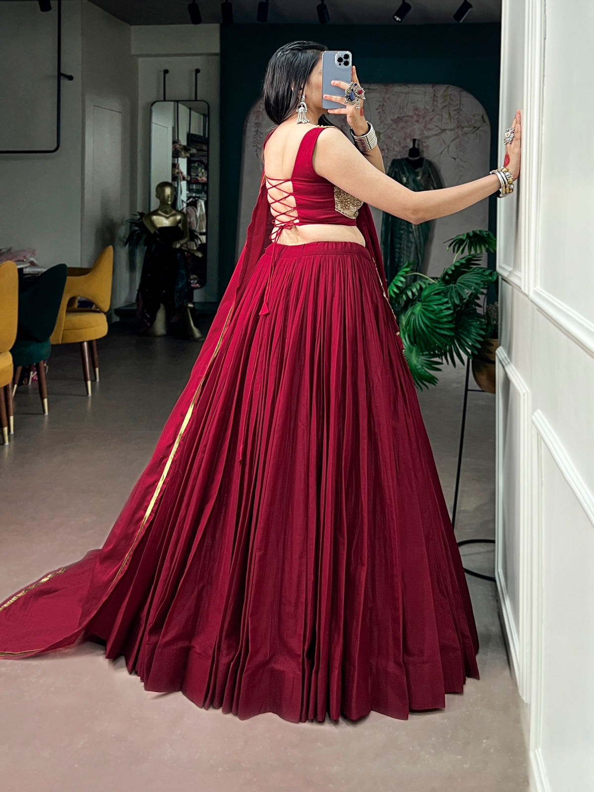 Maroon Mal Cotton Navratri Lehenga Choli With Sequin Thread Embroidery, Ghughari Lace & 8 Meter Flair