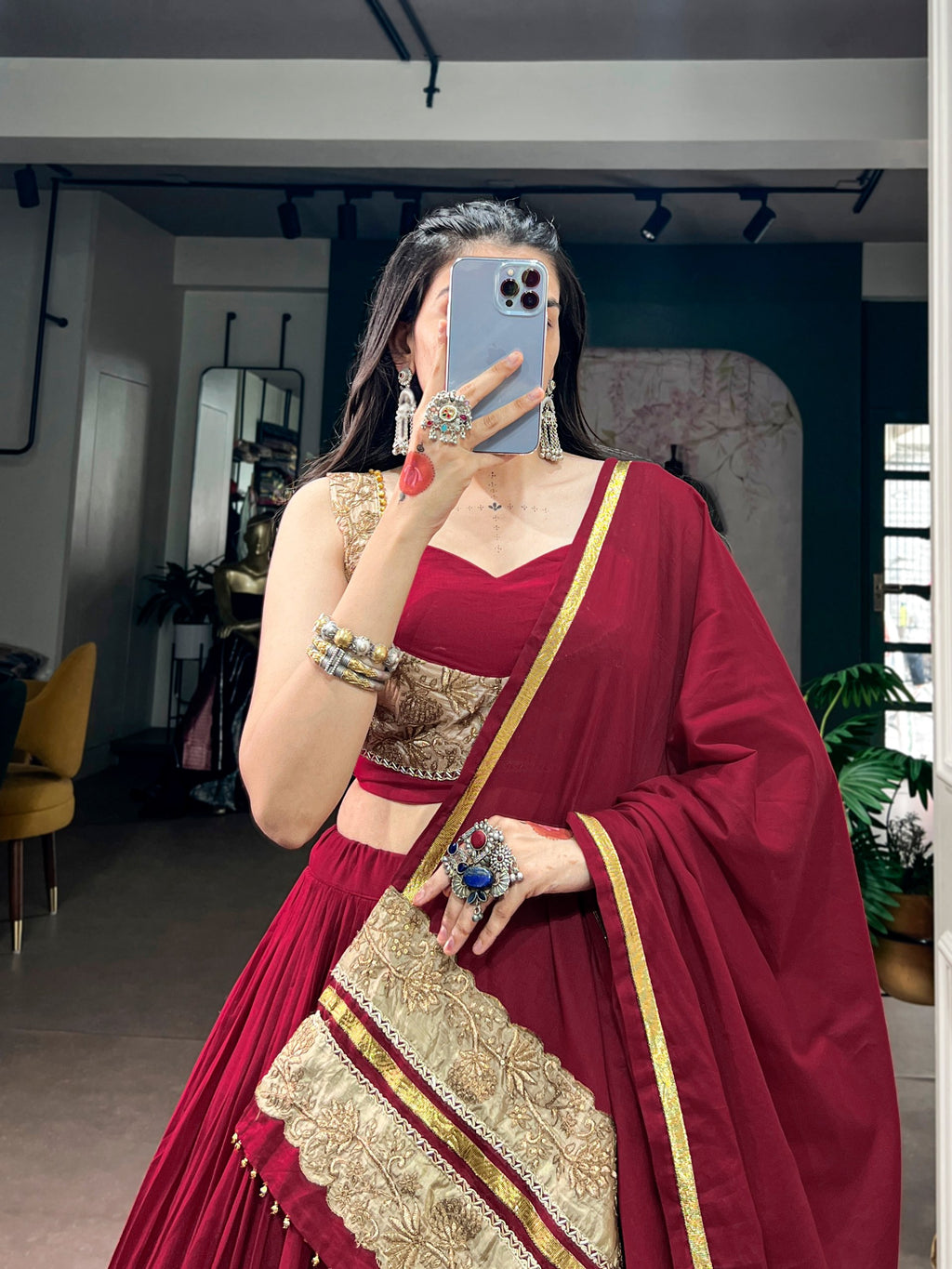 Maroon Mal Cotton Navratri Lehenga Choli With Sequin Thread Embroidery, Ghughari Lace & 8 Meter Flair