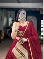 Maroon Mal Cotton Navratri Lehenga Choli With Sequin Thread Embroidery, Ghughari Lace & 8 Meter Flair