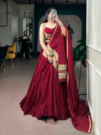 Maroon Mal Cotton Navratri Lehenga Choli With Sequin Thread Embroidery, Ghughari Lace & 8 Meter Flair