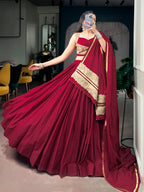 Maroon Mal Cotton Navratri Lehenga Choli With Sequin Thread Embroidery, Ghughari Lace & 8 Meter Flair