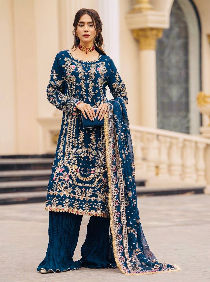 Luxury Palazzo Ensemble with 3mm Embroidery Sequence & Beads Work