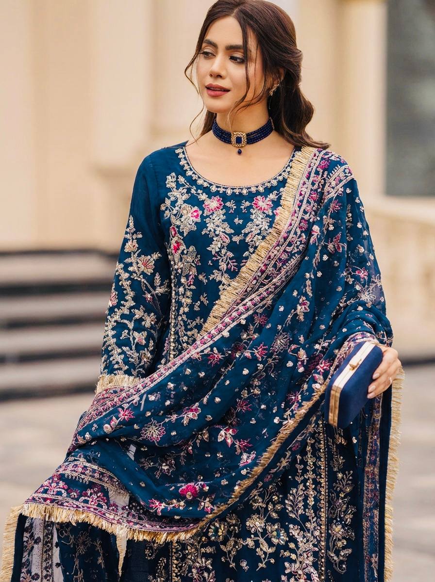 Luxury Palazzo Ensemble with 3mm Embroidery Sequence & Beads Work