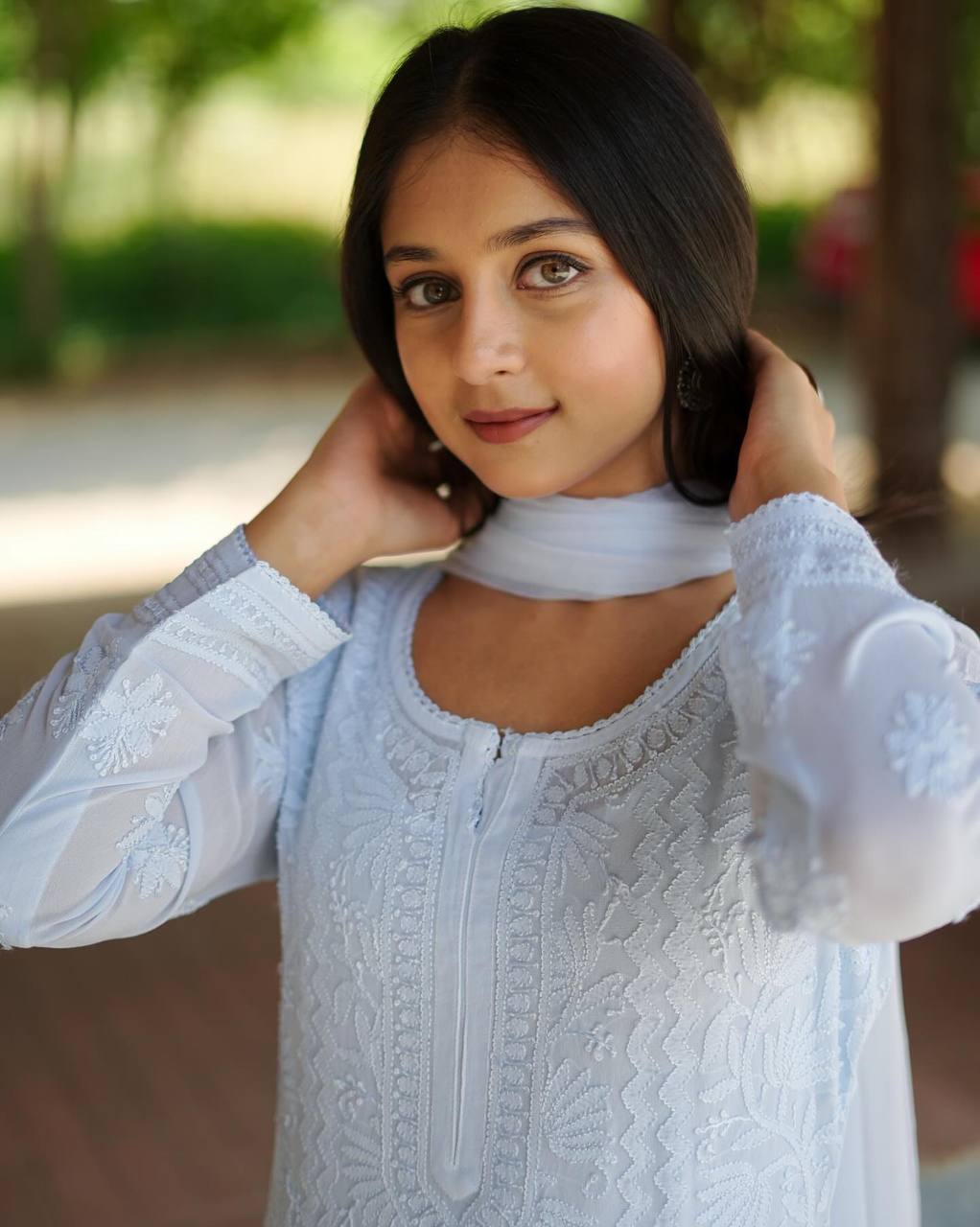 Noorika Georgette Chikankari Embroidered Top Palazzo Set with Matching Dupatta