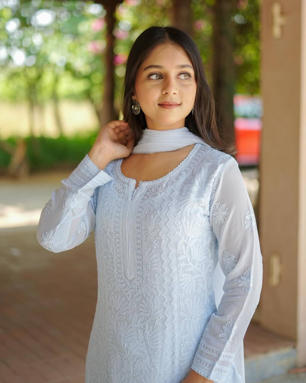 Noorika Georgette Chikankari Embroidered Top Palazzo Set with Matching Dupatta