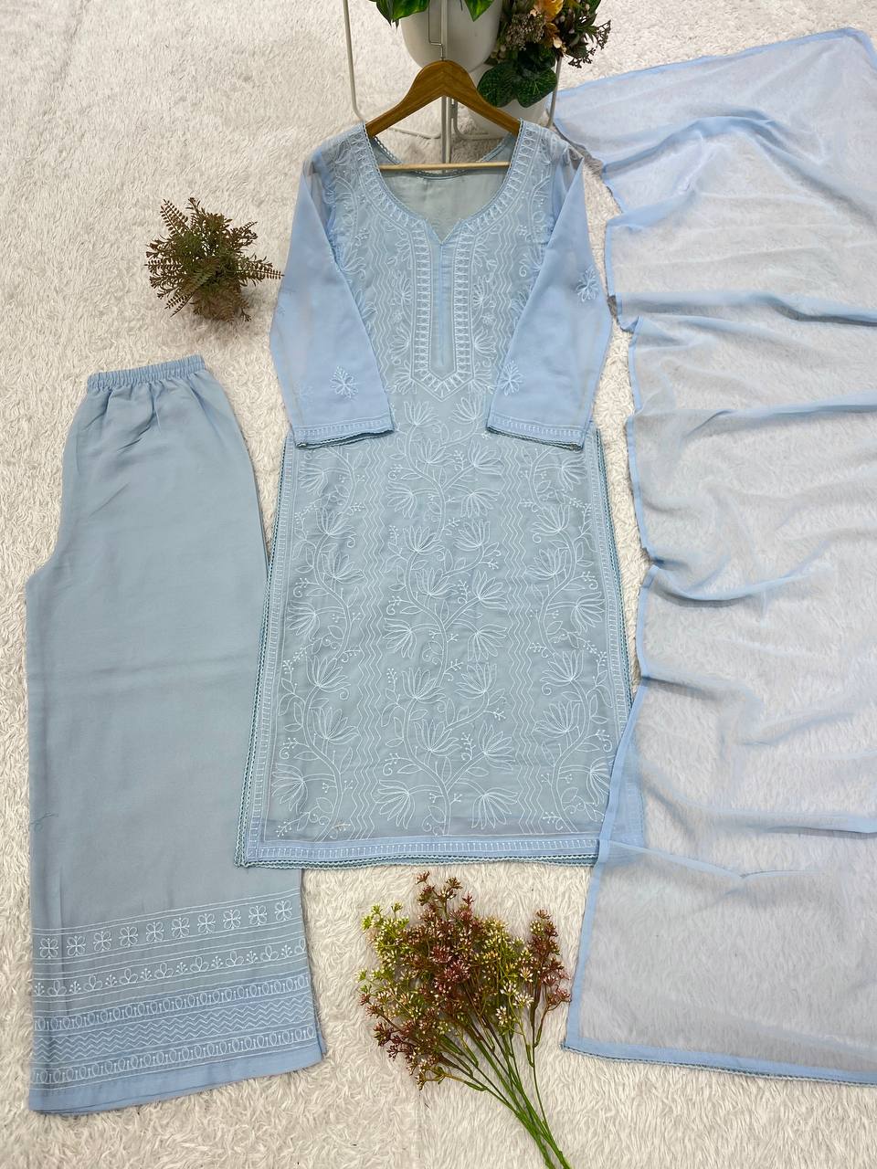 Noorika Georgette Chikankari Embroidered Top Palazzo Set with Matching Dupatta