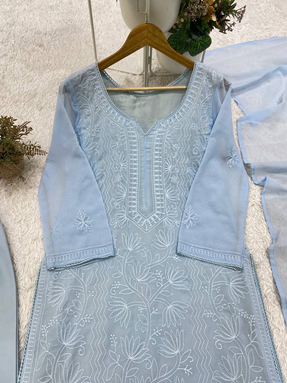 Noorika Georgette Chikankari Embroidered Top Palazzo Set with Matching Dupatta