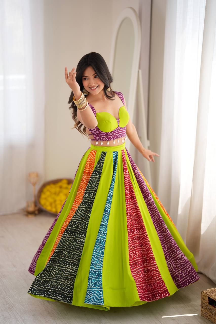 Zarevya Designer Rayon Digital Print Flared Lehenga with Padded Blouse, Canvas Patta Detailing and 6 Metre Grand Flair Fully Stitched Ethnic Wear Set