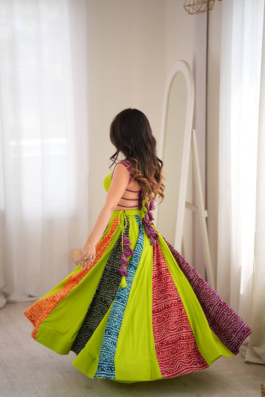 Zarevya Designer Rayon Digital Print Flared Lehenga with Padded Blouse, Canvas Patta Detailing and 6 Metre Grand Flair Fully Stitched Ethnic Wear Set