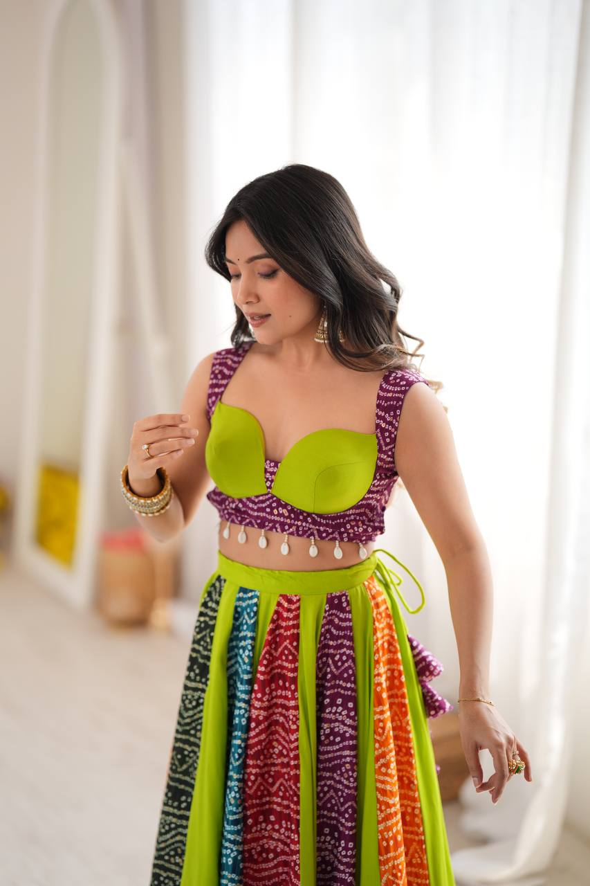 Zarevya Designer Rayon Digital Print Flared Lehenga with Padded Blouse, Canvas Patta Detailing and 6 Metre Grand Flair Fully Stitched Ethnic Wear Set