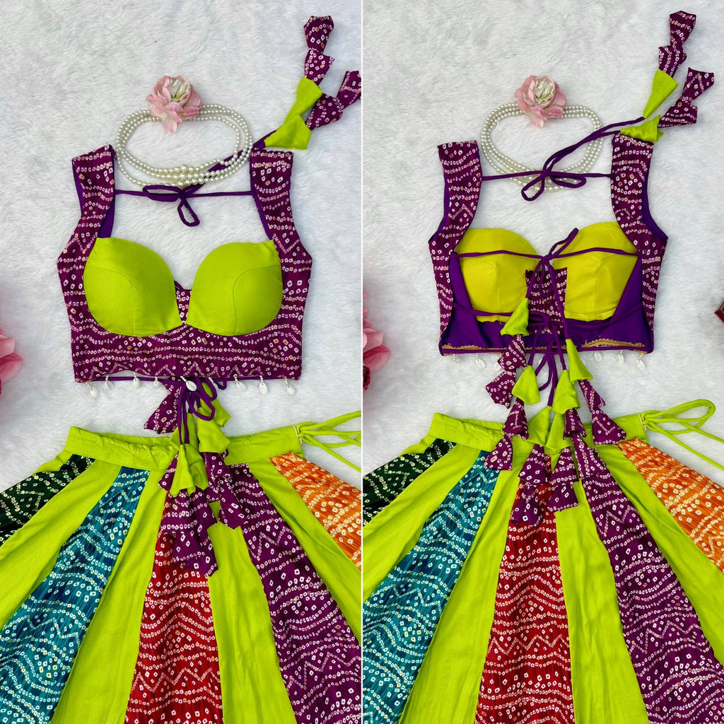 Zarevya Designer Rayon Digital Print Flared Lehenga with Padded Blouse, Canvas Patta Detailing and 6 Metre Grand Flair Fully Stitched Ethnic Wear Set