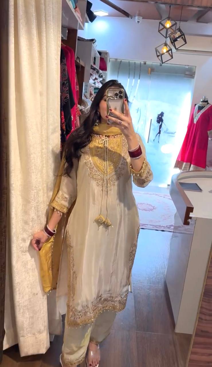 Designer Ronald Silk Ready to Wear 3 Piece Suit Set with Embroidery Sequin Work, Full Sleeves, Stitched Pant & Elegant Lace Border Dupatta