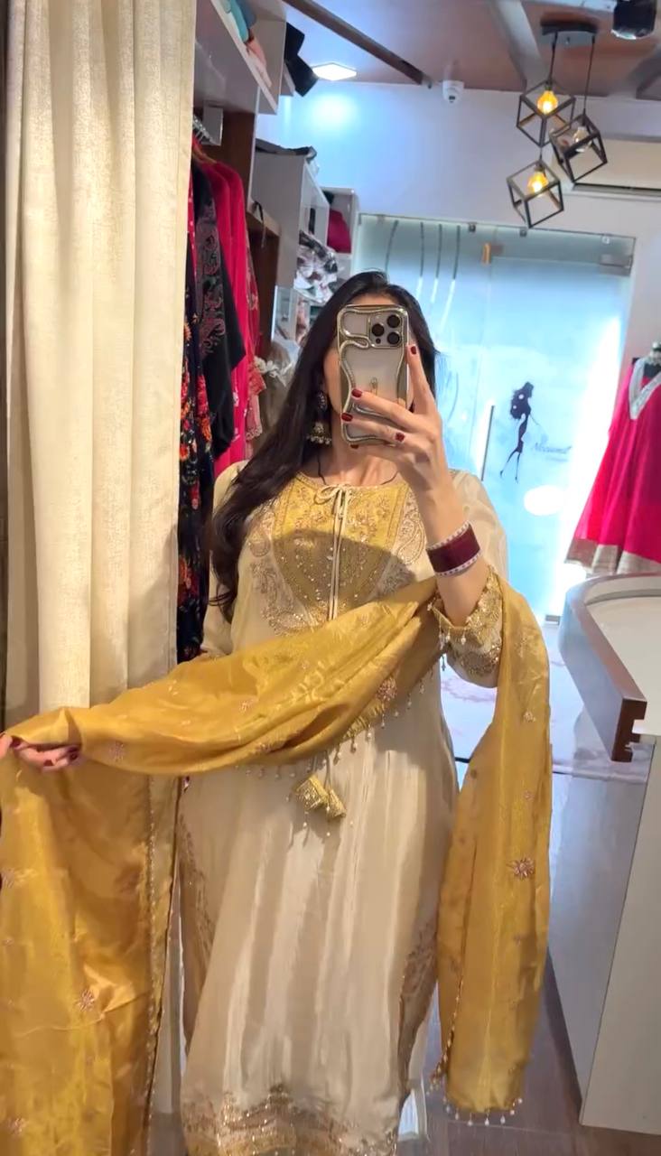 Designer Ronald Silk Ready to Wear 3 Piece Suit Set with Embroidery Sequin Work, Full Sleeves, Stitched Pant & Elegant Lace Border Dupatta
