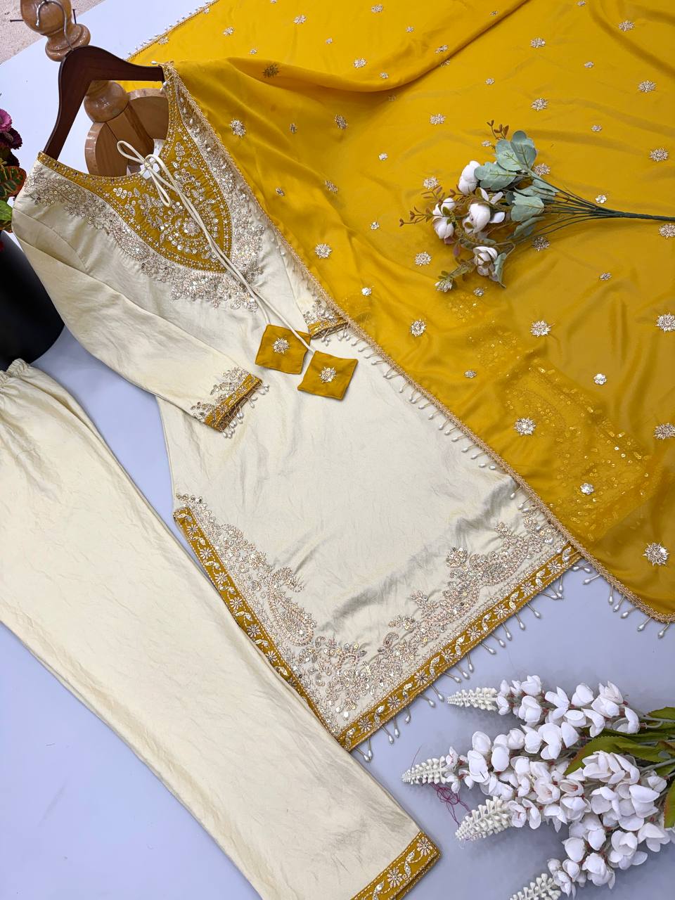 Designer Ronald Silk Ready to Wear 3 Piece Suit Set with Embroidery Sequin Work, Full Sleeves, Stitched Pant & Elegant Lace Border Dupatta