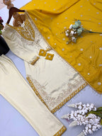 Designer Ronald Silk Ready to Wear 3 Piece Suit Set with Embroidery Sequin Work, Full Sleeves, Stitched Pant & Elegant Lace Border Dupatta