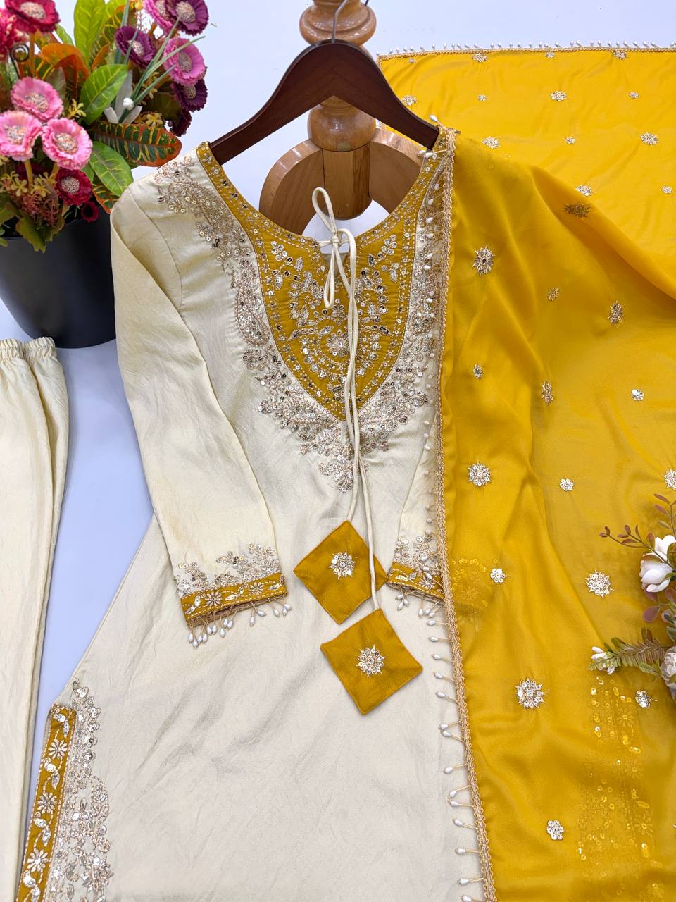 Designer Ronald Silk Ready to Wear 3 Piece Suit Set with Embroidery Sequin Work, Full Sleeves, Stitched Pant & Elegant Lace Border Dupatta