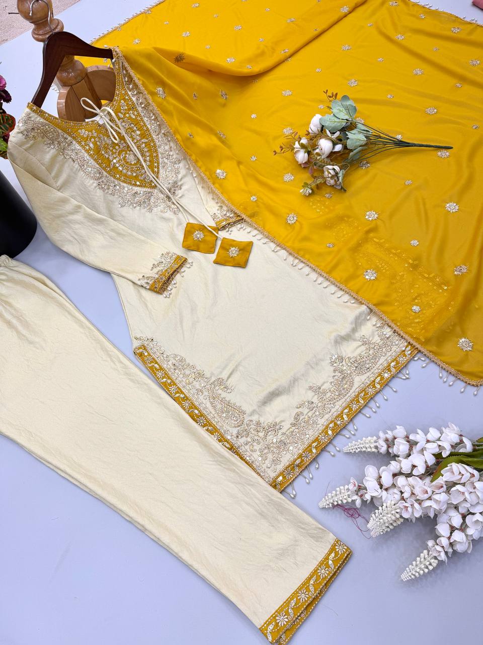 Designer Ronald Silk Ready to Wear 3 Piece Suit Set with Embroidery Sequin Work, Full Sleeves, Stitched Pant & Elegant Lace Border Dupatta