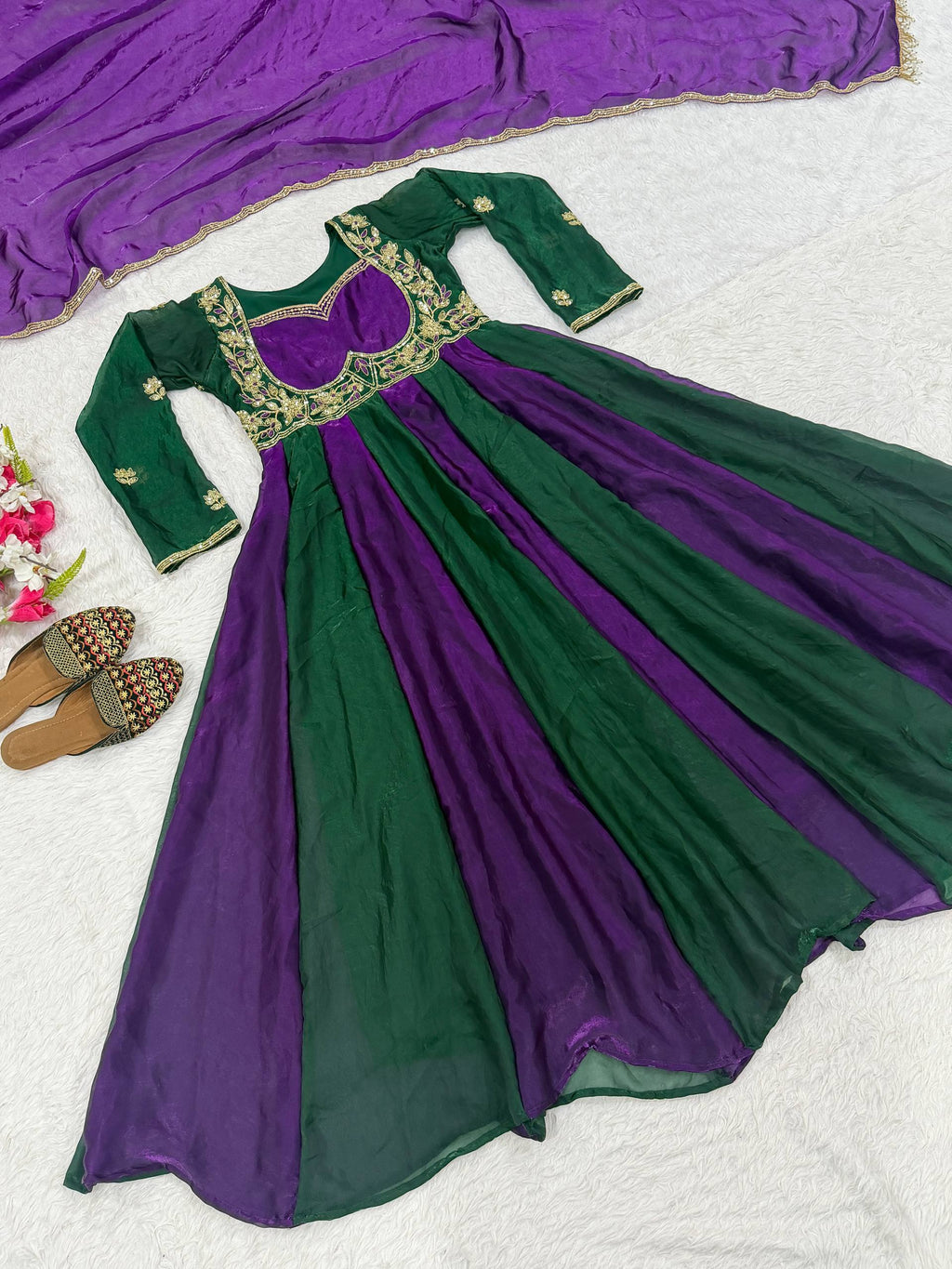 Virellia Designer Heavy Fandy Silk Anarkali Suit with 3mm Sequin & Embroidery Work, 5.50 Metre Flair and Matching Embroidered Dupatta