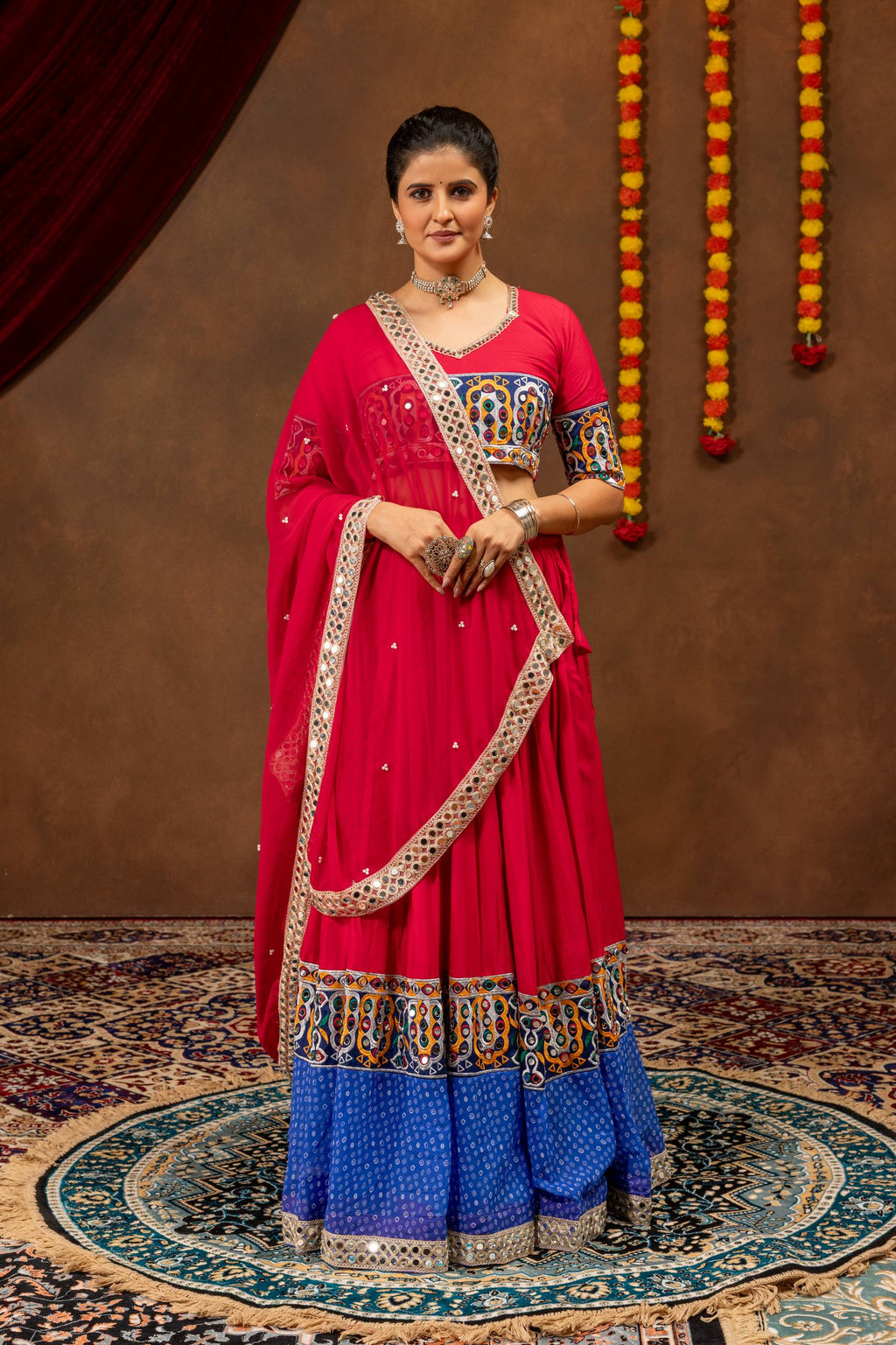 Rang Kasturi Designer Rayon Cotton Embroidered Lehenga Choli with Real Mirror Work & Pearl Moti Faux Georgette Dupatta
