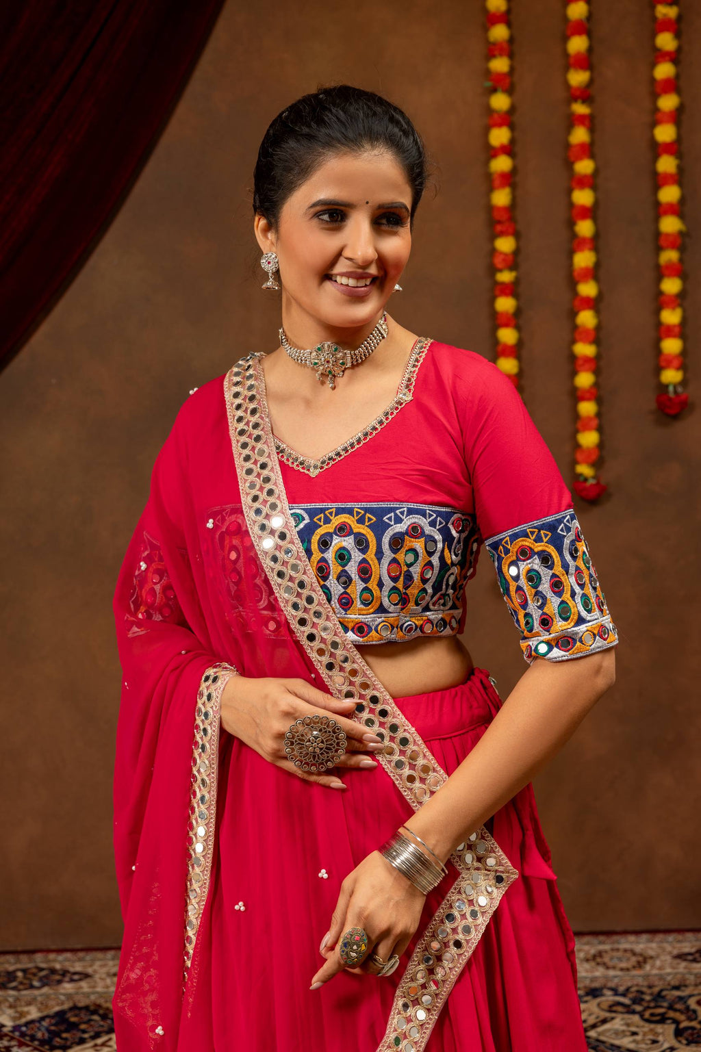 Rang Kasturi Designer Rayon Cotton Embroidered Lehenga Choli with Real Mirror Work & Pearl Moti Faux Georgette Dupatta