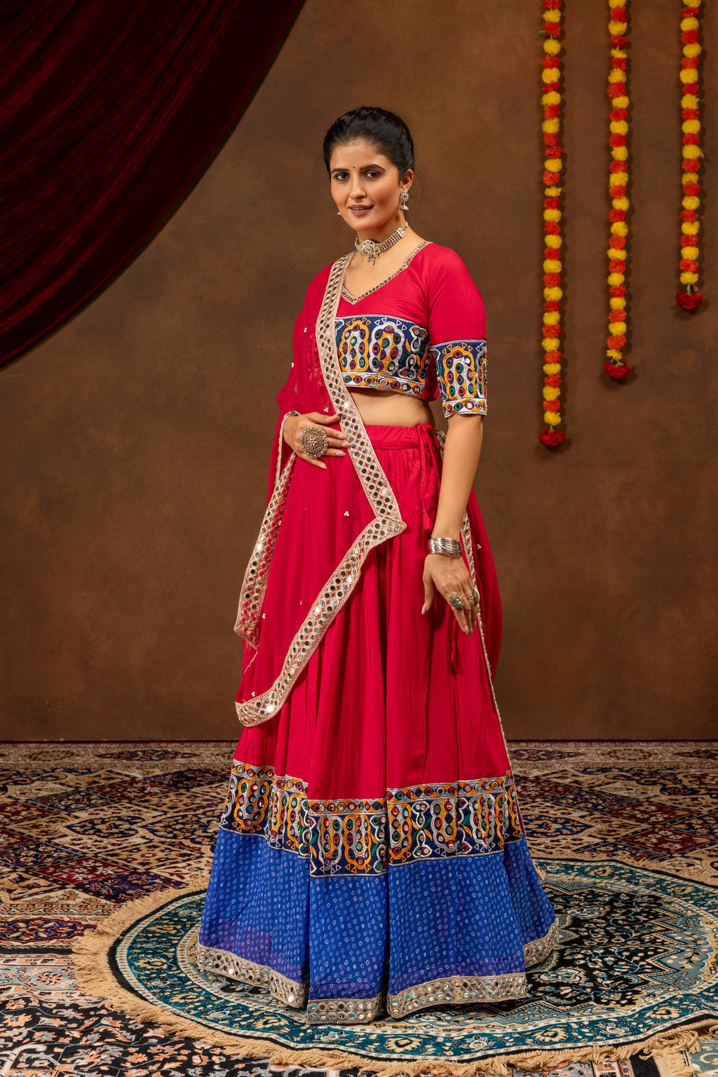 Rang Kasturi Designer Rayon Cotton Embroidered Lehenga Choli with Real Mirror Work & Pearl Moti Faux Georgette Dupatta