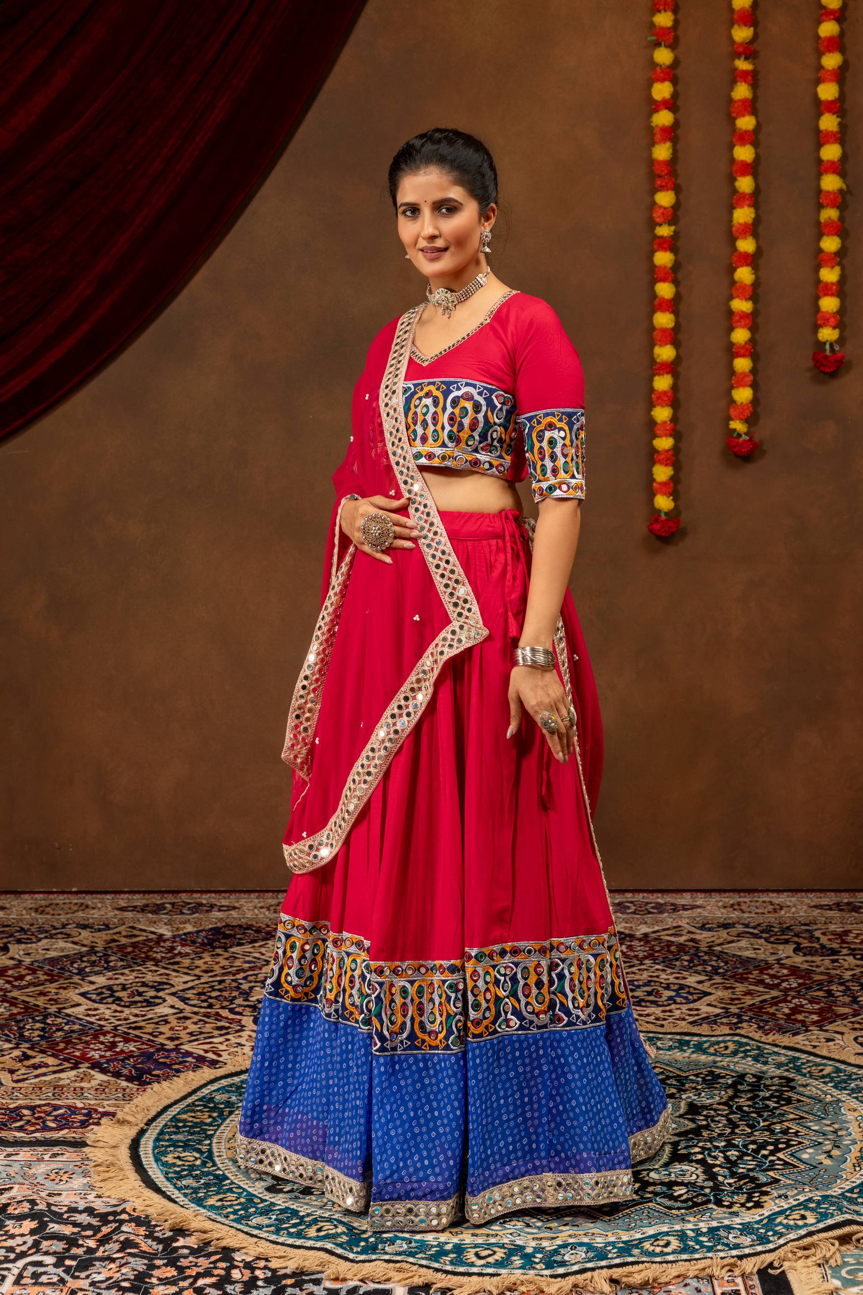 Rang Kasturi Designer Rayon Cotton Embroidered Lehenga Choli with Real Mirror Work & Pearl Moti Faux Georgette Dupatta
