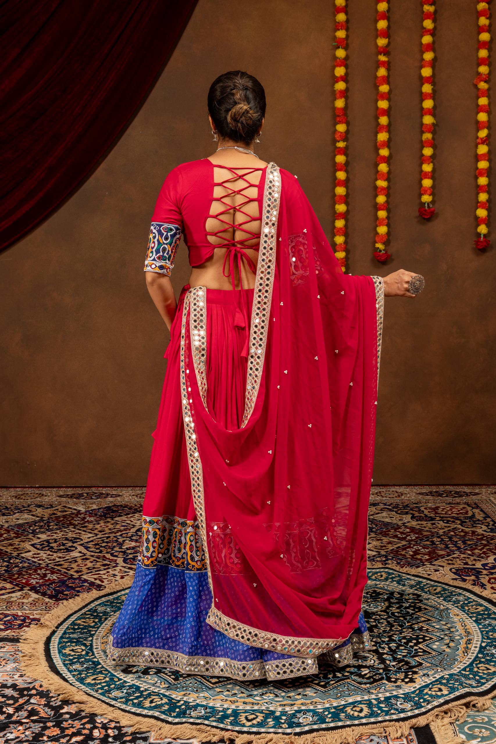 Rang Kasturi Designer Rayon Cotton Embroidered Lehenga Choli with Real Mirror Work & Pearl Moti Faux Georgette Dupatta