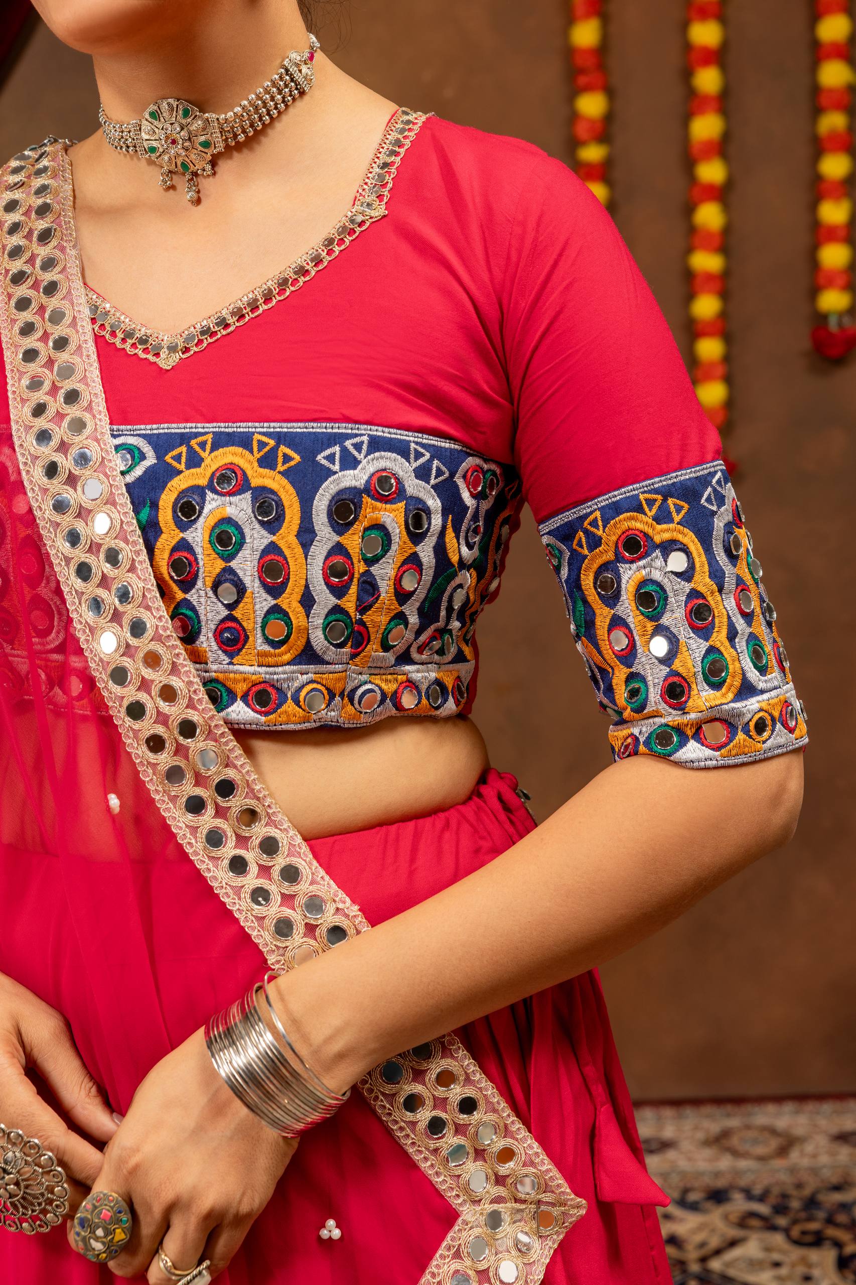 Rang Kasturi Designer Rayon Cotton Embroidered Lehenga Choli with Real Mirror Work & Pearl Moti Faux Georgette Dupatta