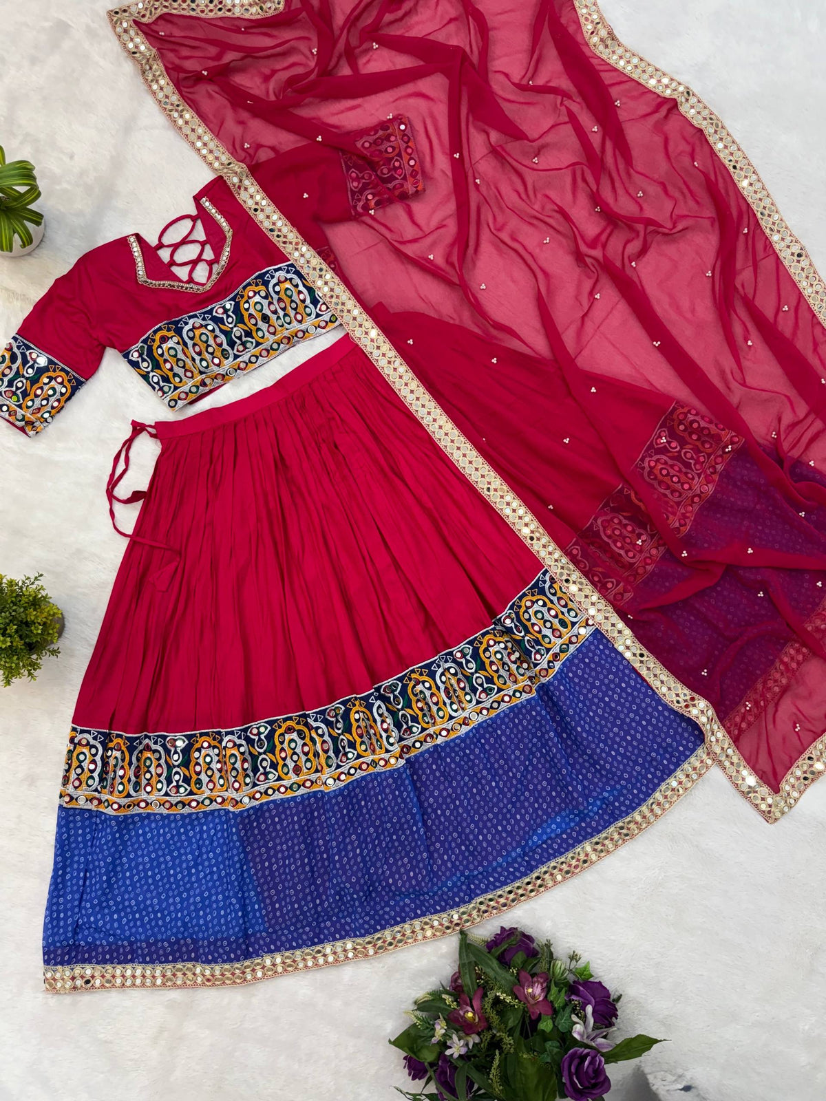 Rang Kasturi Designer Rayon Cotton Embroidered Lehenga Choli with Real Mirror Work & Pearl Moti Faux Georgette Dupatta