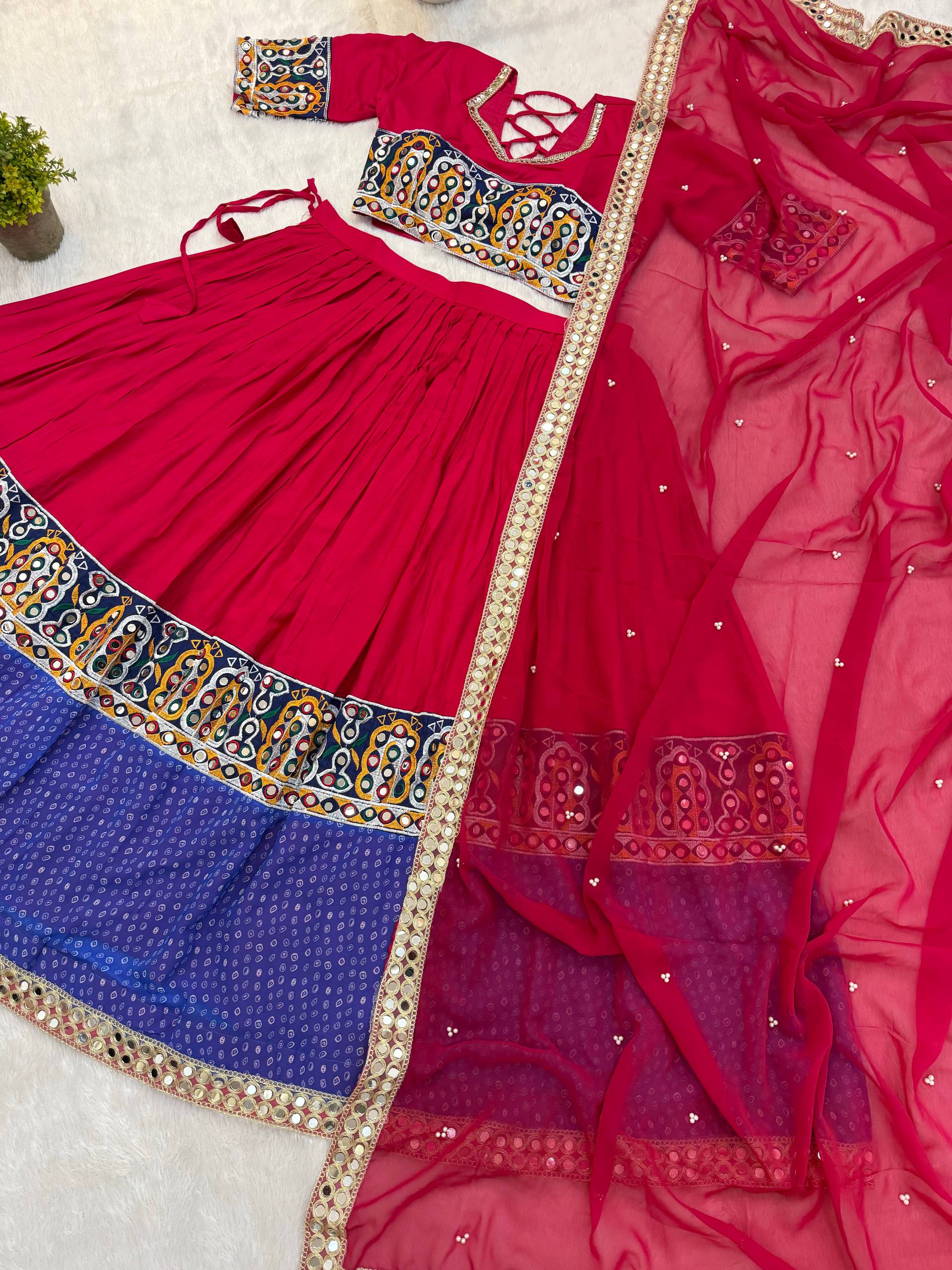 Rang Kasturi Designer Rayon Cotton Embroidered Lehenga Choli with Real Mirror Work & Pearl Moti Faux Georgette Dupatta
