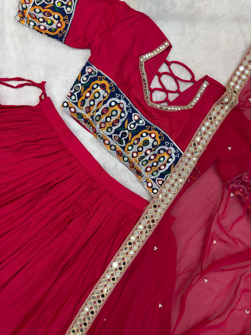 Rang Kasturi Designer Rayon Cotton Embroidered Lehenga Choli with Real Mirror Work & Pearl Moti Faux Georgette Dupatta