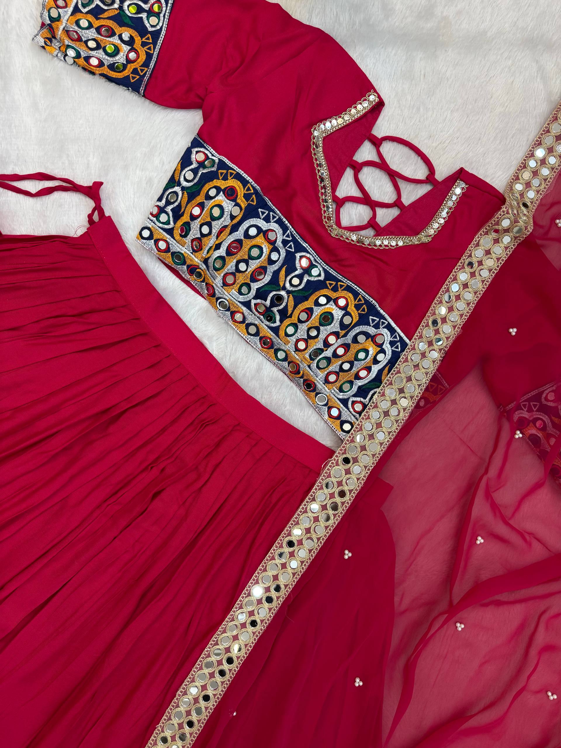 Rang Kasturi Designer Rayon Cotton Embroidered Lehenga Choli with Real Mirror Work & Pearl Moti Faux Georgette Dupatta