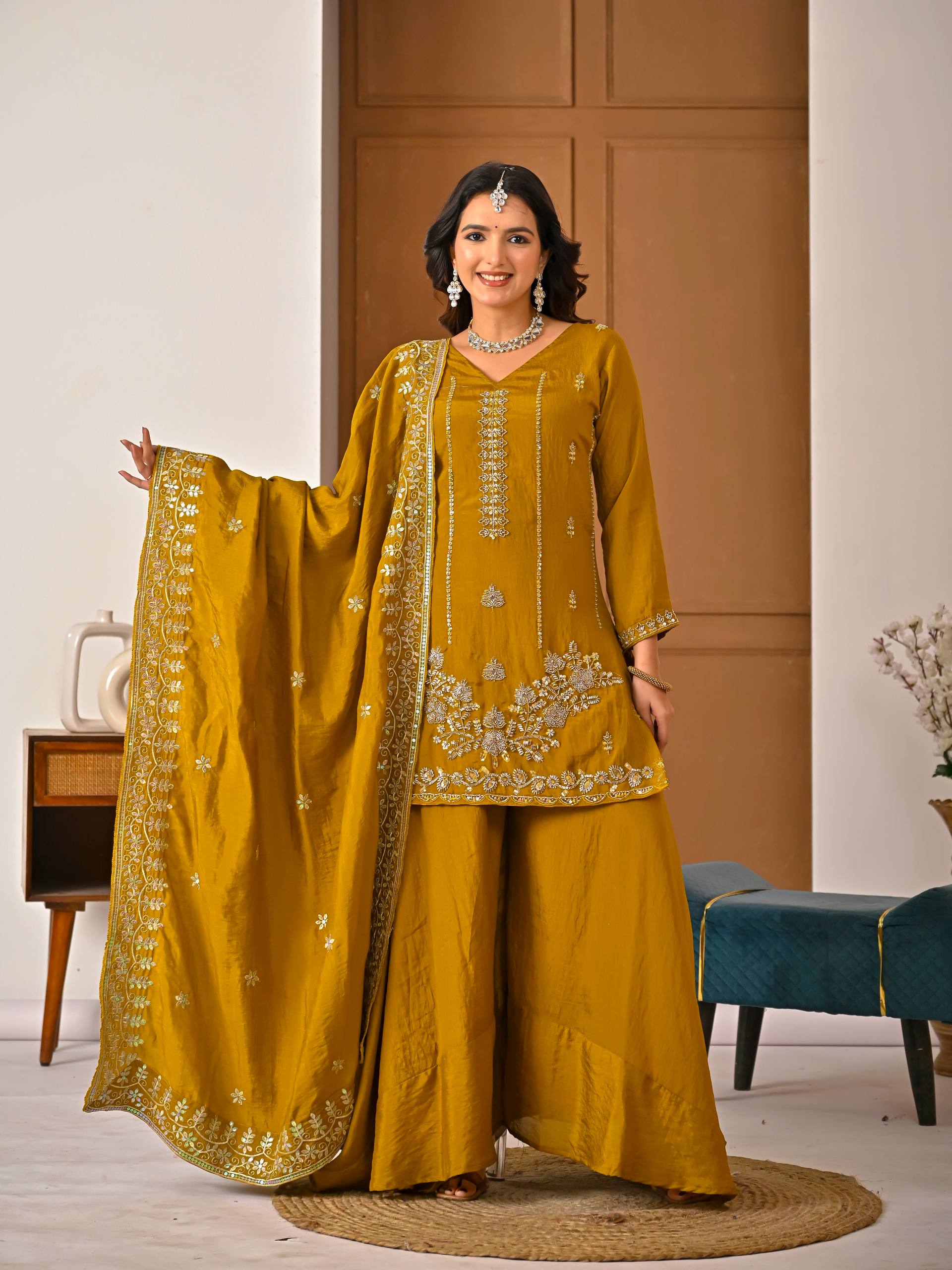 Vaidehi Vichitra Silk Bits Hand Work Sharara Palazzo Suit with Sequins Embroidered Dupatta