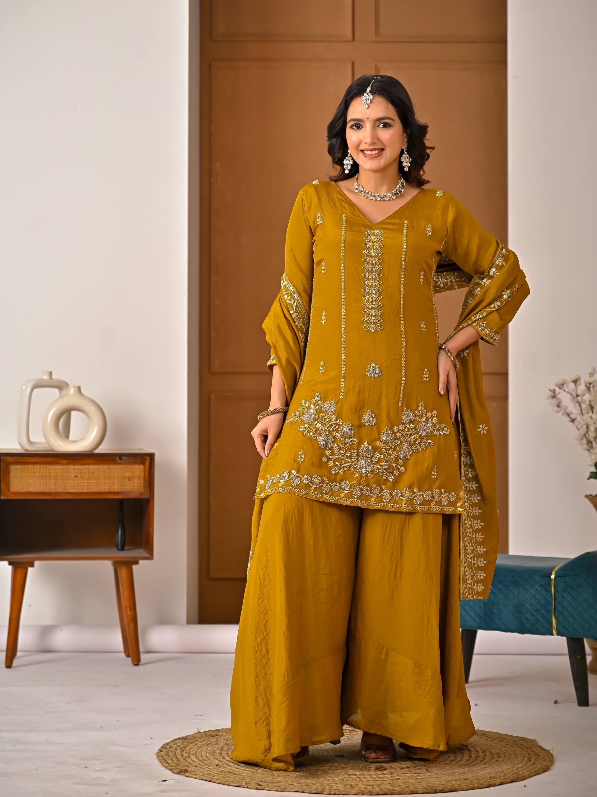 Vaidehi Vichitra Silk Bits Hand Work Sharara Palazzo Suit with Sequins Embroidered Dupatta